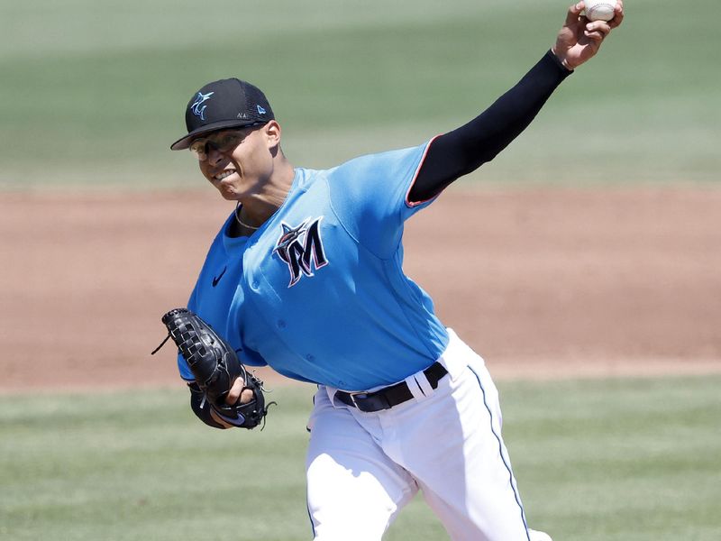 Mar 26, 2023; Jupiter, Florida, USA;  Miami Marlins starting pitcher Jesus Luzardo (44) pitches against the Washington Nationals during the fourth inning at Roger Dean Stadium. Mandatory Credit: Rhona Wise-USA TODAY Sports