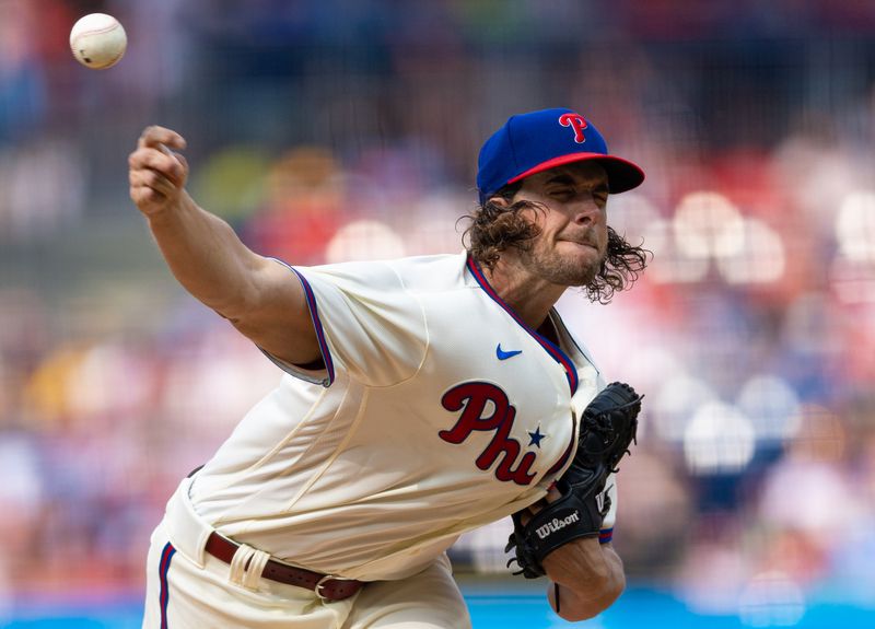 Jun 10, 2023; Philadelphia, Pennsylvania, USA; Philadelphia Phillies starting pitcher Aaron Nola (27) throws a pitch during the second inning against the Los Angeles Dodgers at Citizens Bank Park. Mandatory Credit: Bill Streicher-USA TODAY Sports