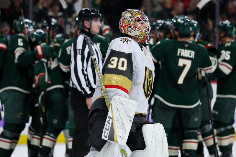 Nov 16, 2025; Saint Paul, Minnesota, USA; Vegas Golden Knights goaltender Carl Lindbom (30) reacts to Minnesota Wild left wing Kirill Kaprizov’s (97) overtime goal at Grand Casino Arena. Mandatory Credit: Matt Krohn-Imagn Images