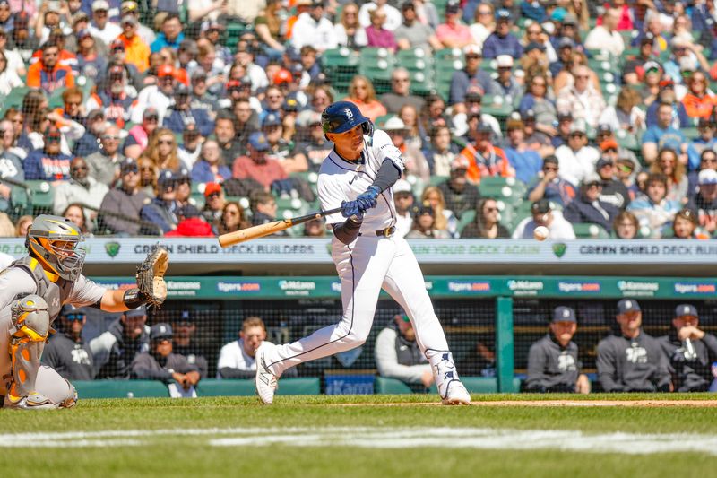 Apr 7, 2024; Detroit, Michigan, USA; Detroit Tigers third baseman Gio Urshela (13) looks on while at bat during the game against the Oakland Athletics at Comerica Park. Mandatory Credit: Brian Bradshaw Sevald-USA TODAY Sports