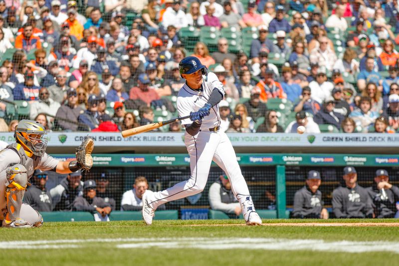 Apr 7, 2024; Detroit, Michigan, USA; Detroit Tigers third baseman Gio Urshela (13) looks on while at bat during the game against the Oakland Athletics at Comerica Park. Mandatory Credit: Brian Bradshaw Sevald-USA TODAY Sports