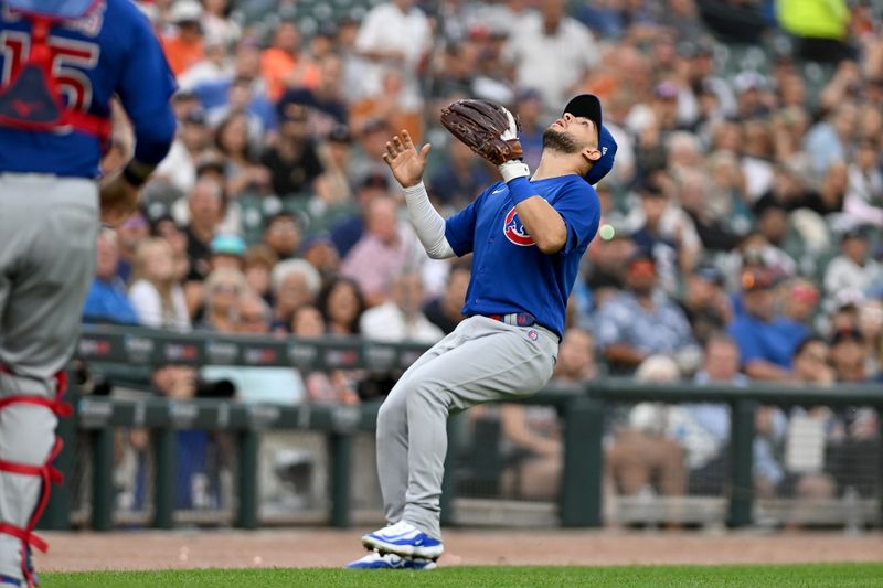 Aug 21, 2023; Detroit, Michigan, USA; Chicago Cubs third baseman Nick Madrigal (1) catches a foul pop up off the bat of Detroit Tigers catcher Carson Kelly (15) in the fifth inning  at Comerica Park. Mandatory Credit: Lon Horwedel-USA TODAY Sports