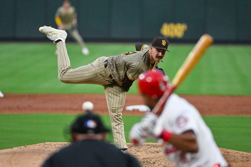 Aug 27, 2024; St. Louis, Missouri, USA;  San Diego Padres starting pitcher Dylan Cease (84) pitches against St. Louis Cardinals center fielder Victor Scott II (11) during the second inning at Busch Stadium. Mandatory Credit: Jeff Curry-USA TODAY Sports