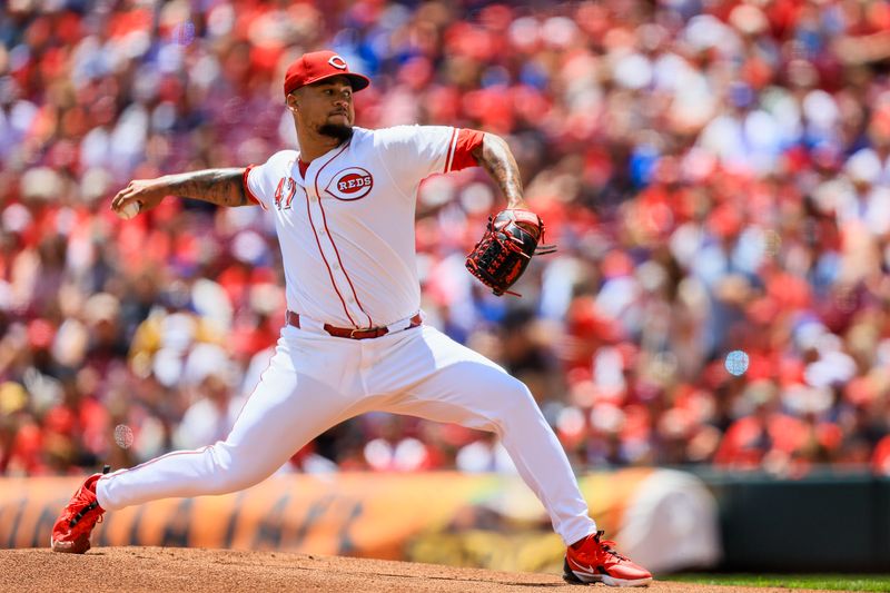 Jun 9, 2024; Cincinnati, Ohio, USA; Cincinnati Reds starting pitcher Frankie Montas (47) pitches against the Chicago Cubs in the first inning at Great American Ball Park. Mandatory Credit: Katie Stratman-USA TODAY Sports