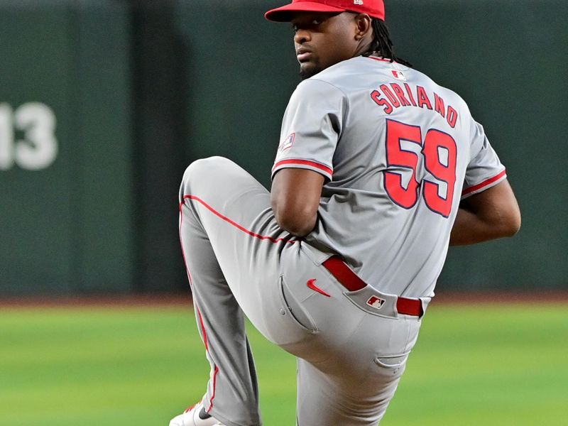 Jun 12, 2024; Phoenix, Arizona, USA; Los Angeles Angels pitcher Jose Soriano (59) throws in the first inning against the Arizona Diamondbacks at Chase Field. Mandatory Credit: Matt Kartozian-USA TODAY Sports