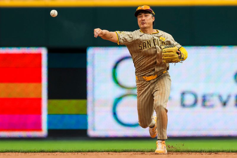 May 23, 2024; Cincinnati, Ohio, USA; San Diego Padres shortstop Ha-Seong Kim (7) throws to first to get Cincinnati Reds outfielder Stuart Fairchild (not pictured) out in the seventh inning at Great American Ball Park. Mandatory Credit: Katie Stratman-USA TODAY Sports