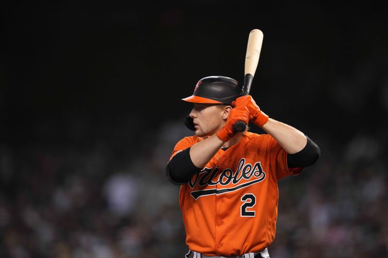 Sep 2, 2023; Phoenix, Arizona, USA; Baltimore Orioles shortstop Gunnar Henderson (2) at Chase Field. Mandatory Credit: Joe Camporeale-USA TODAY Sports