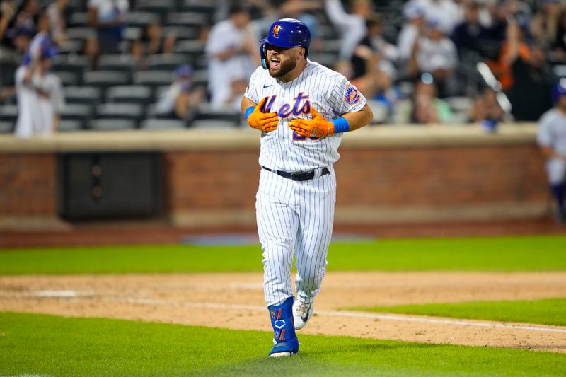 Aug 30, 2023; New York City, New York, USA;  New York Mets right fielder DJ Steward (29) reacts to hitting a two run home run against the Texas Rangers as he rounds the bases during the eighth inning at Citi Field. Mandatory Credit: Gregory Fisher-USA TODAY Sports