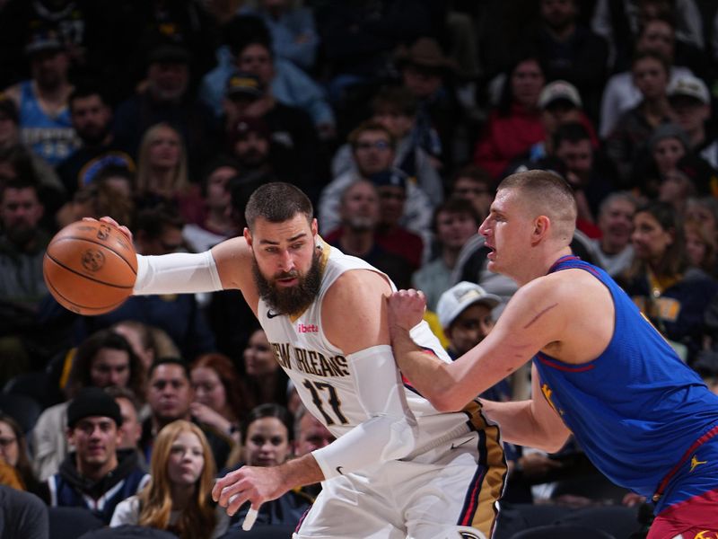 DENVER, CO - JANUARY 12: Jonas Valanciunas #17 of the New Orleans Pelicans dribbles the ball during the game against the Denver Nuggets on January 12, 2024 at the Ball Arena in Denver, Colorado. NOTE TO USER: User expressly acknowledges and agrees that, by downloading and/or using this Photograph, user is consenting to the terms and conditions of the Getty Images License Agreement. Mandatory Copyright Notice: Copyright 2024 NBAE (Photo by Garrett Ellwood/NBAE via Getty Images)