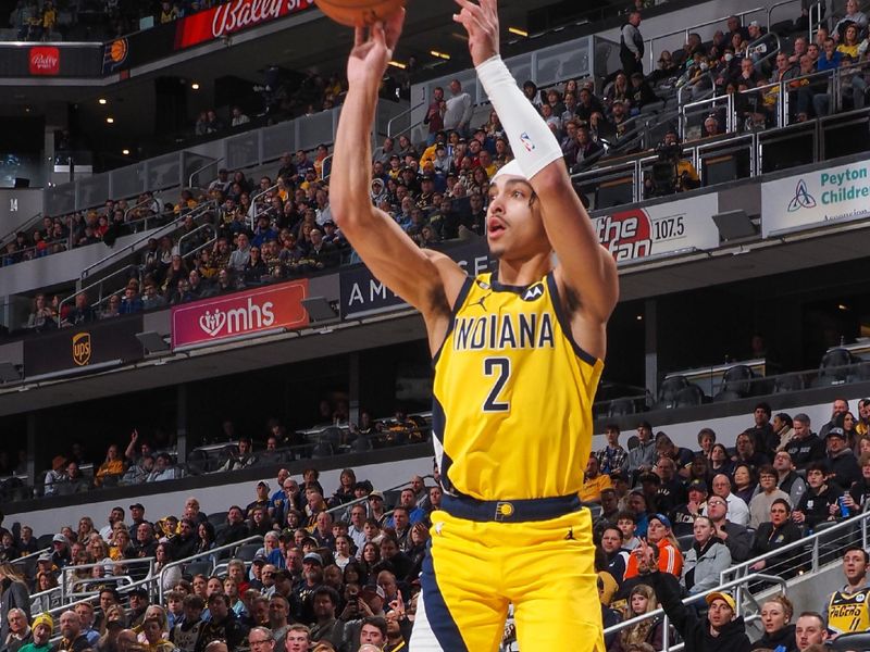 INDIANAPOLIS, IN - FEBUARY 3:  Andrew Nembhard #2 of the Indiana Pacers shoots a three point basket during the game on Febuary 3, 2023 at Gainbridge Fieldhouse in Indianapolis, Indiana. NOTE TO USER: User expressly acknowledges and agrees that, by downloading and or using this Photograph, user is consenting to the terms and conditions of the Getty Images License Agreement. Mandatory Copyright Notice: Copyright 2023 NBAE (Photo by Ron Hoskins/NBAE via Getty Images)