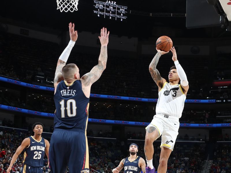 NEW ORLEANS, LA - JANUARY 17:  Keyonte George #3 of the Utah Jazz shoots the ball during the game against the New Orleans Pelicans on January 17, 2025 at the Smoothie King Center in New Orleans, Louisiana. NOTE TO USER: User expressly acknowledges and agrees that, by downloading and or using this Photograph, user is consenting to the terms and conditions of the Getty Images License Agreement. Mandatory Copyright Notice: Copyright 2025 NBAE (Photo by Layne Murdoch Jr./NBAE via Getty Images)