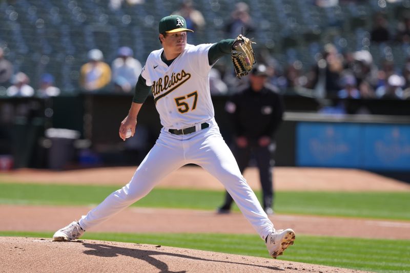 Apr 19, 2023; Oakland, California, USA; Oakland Athletics starting pitcher Mason Miller (57) throws a pitch against the Chicago Cubs during the first inning at Oakland-Alameda County Coliseum. Mandatory Credit: Darren Yamashita-USA TODAY Sports