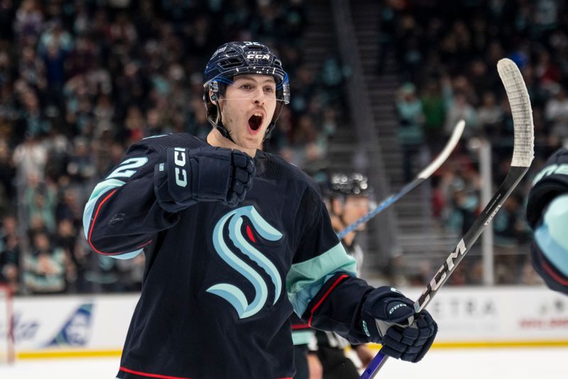 Dec 7, 2023; Seattle, Washington, USA; Seattle Kraken forward Tye Kartye (52) celebrates a goal during the second period at Climate Pledge Arena. Mandatory Credit: Stephen Brashear-USA TODAY Sports