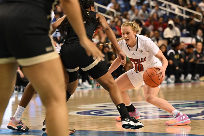 Mar 3, 2023; Greensboro, NC, USA; Louisville Cardinals guard Hailey Van Lith (10) dribbles the ball during the second half at Greensboro Coliseum. Mandatory Credit: William Howard-USA TODAY Sports