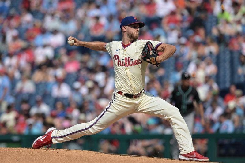 Jun 22, 2024; Philadelphia, Pennsylvania, USA;  Philadelphia Phillies pitcher Zack Wheeler (45) pitches in thebfirst inning against the Arizona Diamondbacks at Citizens Bank Park. Mandatory Credit: John Geliebter-USA TODAY Sports