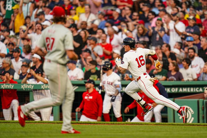 Jun 13, 2024; Boston, Massachusetts, USA; Boston Red Sox left fielder Darren Duran (16) hits a double to drive in to runs against the Philadelphia Phillies in the second inning at Fenway Park. Mandatory Credit: David Butler II-USA TODAY Sports