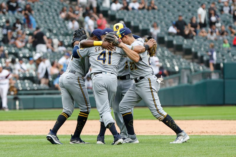 Aug 13, 2023; Chicago, Illinois, USA; Milwaukee Brewers players celebrate after defeating the Chicago White Sox at Guaranteed Rate Field. Mandatory Credit: Kamil Krzaczynski-USA TODAY Sports