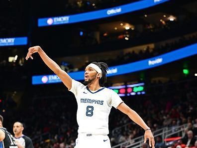 ATLANTA, GA - DECEMBER 23: Ziaire Williams #8 of the Memphis Grizzlies looks on during the game against the Atlanta Hawks on December 23, 2023 at State Farm Arena in Atlanta, Georgia.  NOTE TO USER: User expressly acknowledges and agrees that, by downloading and/or using this Photograph, user is consenting to the terms and conditions of the Getty Images License Agreement. Mandatory Copyright Notice: Copyright 2023 NBAE (Photo by Adam Hagy/NBAE via Getty Images)