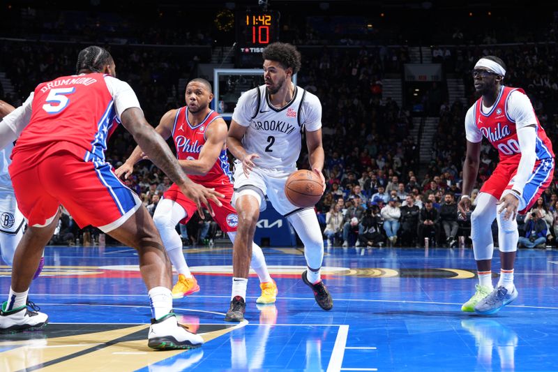 PHILADELPHIA, PA - NOVEMBER 22: Cameron Johnson #2 of the Brooklyn Nets dribbles the ball during the game against the Philadelphia 76ers during the Emirates NBA Cup game on November 22, 2024 at the Wells Fargo Center in Philadelphia, Pennsylvania NOTE TO USER: User expressly acknowledges and agrees that, by downloading and/or using this Photograph, user is consenting to the terms and conditions of the Getty Images License Agreement. Mandatory Copyright Notice: Copyright 2024 NBAE (Photo by Jesse D. Garrabrant/NBAE via Getty Images)