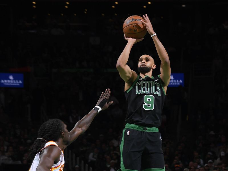 BOSTON, MA - NOVEMBER 12: Derrick White #9 of the Boston Celtics shoots a three point basket during the game against the Atlanta Hawks during the Emirates NBA Cup game on November 12, 2024 at TD Garden in Boston, Massachusetts. NOTE TO USER: User expressly acknowledges and agrees that, by downloading and/or using this Photograph, user is consenting to the terms and conditions of the Getty Images License Agreement. Mandatory Copyright Notice: Copyright 2024 NBAE (Photo by Brian Babineau/NBAE via Getty Images)