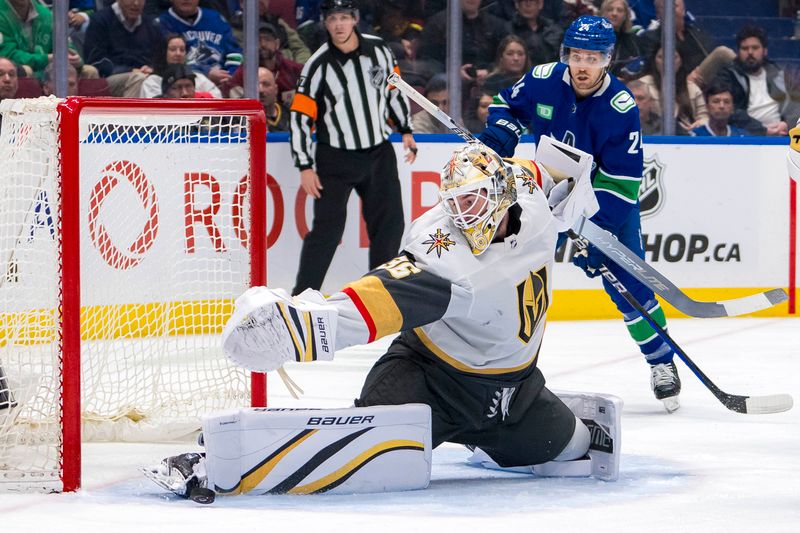 Apr 8, 2024; Vancouver, British Columbia, CAN; Vancouver Canucks forward Pius Suter (24) watches as Vegas Golden Knights goalie Logan Thompson (36) makes a save in the third period at Rogers Arena. Canucks won 4 -3. Mandatory Credit: Bob Frid-USA TODAY Sports