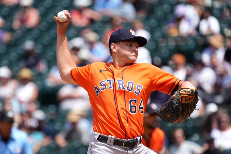 Jul 19, 2023; Denver, Colorado, USA; Houston Astros starting pitcher Brandon Bielak (64) delivers a pitch in the fifth inning against the Colorado Rockies at Coors Field. Mandatory Credit: Ron Chenoy-USA TODAY Sports