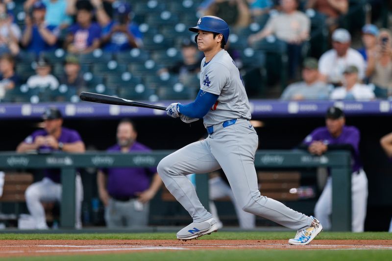 Sep 27, 2024; Denver, Colorado, USA; Los Angeles Dodgers designated hitter Shohei Ohtani (17) in the first inning against the Colorado Rockies at Coors Field. Mandatory Credit: Isaiah J. Downing-Imagn Images