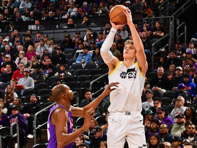 PHOENIX, AZ - JANUARY 11: Lauri Markkanen #23 of the Utah Jazz shoots a three point basket during the game against the Phoenix Suns on January 11, 2025 at Footprint Center in Phoenix, Arizona. NOTE TO USER: User expressly acknowledges and agrees that, by downloading and or using this photograph, user is consenting to the terms and conditions of the Getty Images License Agreement. Mandatory Copyright Notice: Copyright 2025 NBAE (Photo by Kate Frese/NBAE via Getty Images)