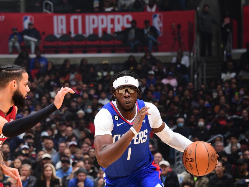 LOS ANGELES, CA - JANUARY 2: Reggie Jackson #1 of the LA Clippers moves the ball during the game against the Miami Heat on January 2, 2023 at Crypto.Com Arena in Los Angeles, California. NOTE TO USER: User expressly acknowledges and agrees that, by downloading and/or using this Photograph, user is consenting to the terms and conditions of the Getty Images License Agreement. Mandatory Copyright Notice: Copyright 2023 NBAE (Photo by Adam Pantozzi/NBAE via Getty Images)