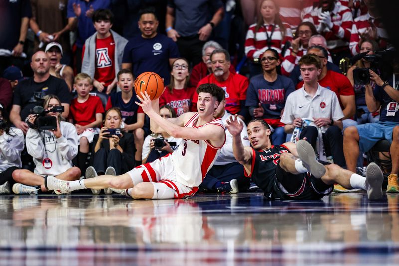 Feb 26, 2025; Tucson, Arizona, USA; Arizona Wildcats guard Anthony Dell’Orso (3) looks to pass the ball after gained possession from Utah Utes forward Keanu Dawes (8) during the first half at McKale Center. Mandatory Credit: Aryanna Frank-Imagn Images