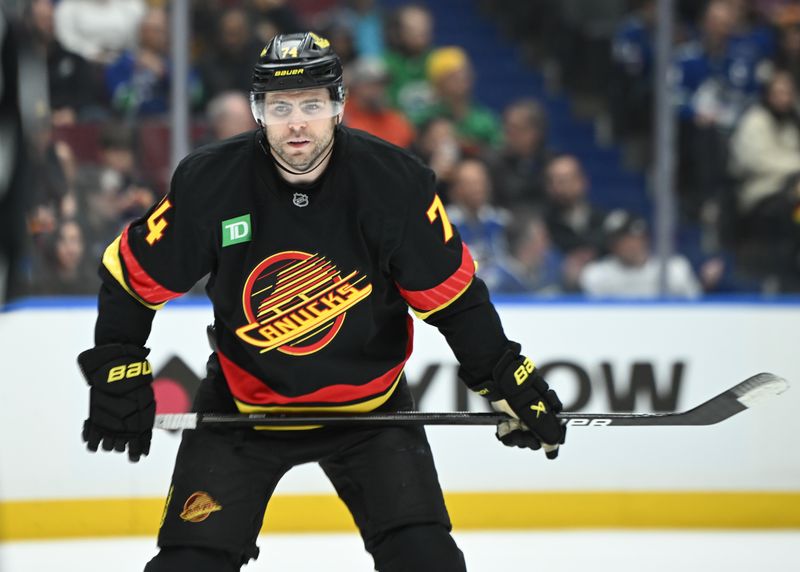 Mar 5, 2025; Vancouver, British Columbia, CAN; Vancouver Canucks forward Jake DeBrusk (74) ready for the faceoff against the Anaheim Ducks during the first period at Rogers Arena. Mandatory Credit: Simon Fearn-Imagn Images