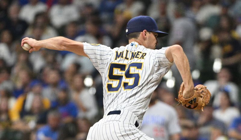 Sep 30, 2023; Milwaukee, Wisconsin, USA; Milwaukee Brewers relief pitcher Hoby Milner (55) delivers a pitch against the Chicago Cubs in the seventh inning at American Family Field. Mandatory Credit: Michael McLoone-USA TODAY Sports