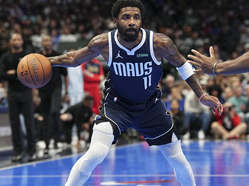 DALLAS, TX - November 19: Kyrie Irving #11 of the Dallas Mavericks looks to pass the ball during the NBA Cup game against the New Orleans Pelicans on November 19, 2024 at American Airlines Center in Dallas, Texas. NOTE TO USER: User expressly acknowledges and agrees that, by downloading and or using this photograph, User is consenting to the terms and conditions of the Getty Images License Agreement. Mandatory Copyright Notice: Copyright 2024 NBAE (Photo by Glenn James/NBAE via Getty Images)