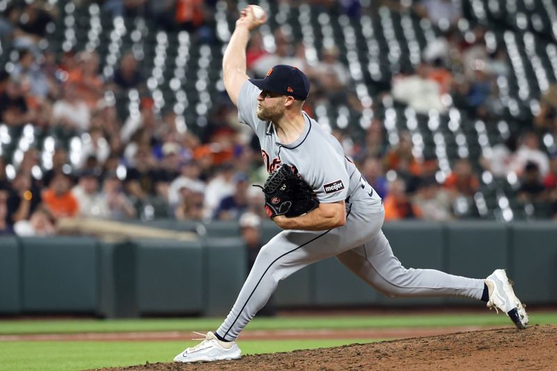 Jun 10, 2025; Baltimore, Maryland, USA; Detroit Tigers pitcher Will Vest (19) throws during the ninth inning against the Baltimore Orioles at Oriole Park at Camden Yards. Mandatory Credit: Daniel Kucin Jr.-Imagn Images