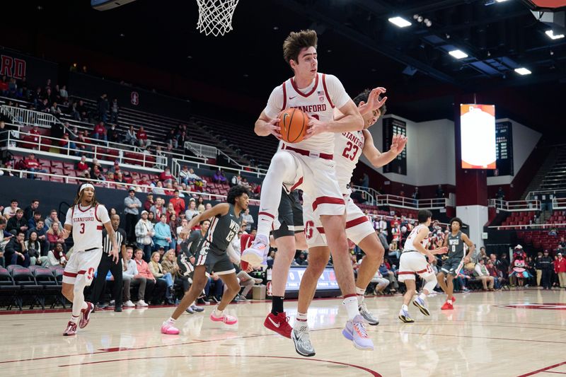 Jan 18, 2024; Stanford, California, USA; Stanford Cardinal forward Maxime Raynaud (42) rebounds the ball against the Washington State Cougars during the first half at Maples Pavilion. Mandatory Credit: Robert Edwards-USA TODAY Sports