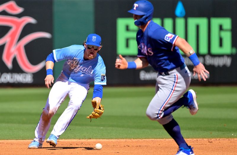 Feb 24, 2023; Surprise, Arizona, USA;  Kansas City Royals shortstop Bobby Witt Jr. (7) makes a play to throw out Texas Rangers center fielder Leody Taveras (not pictured) at first base in the first inning of a spring training in Surprise, AZ. Mandatory Credit: Jayne Kamin-Oncea-USA TODAY Sports