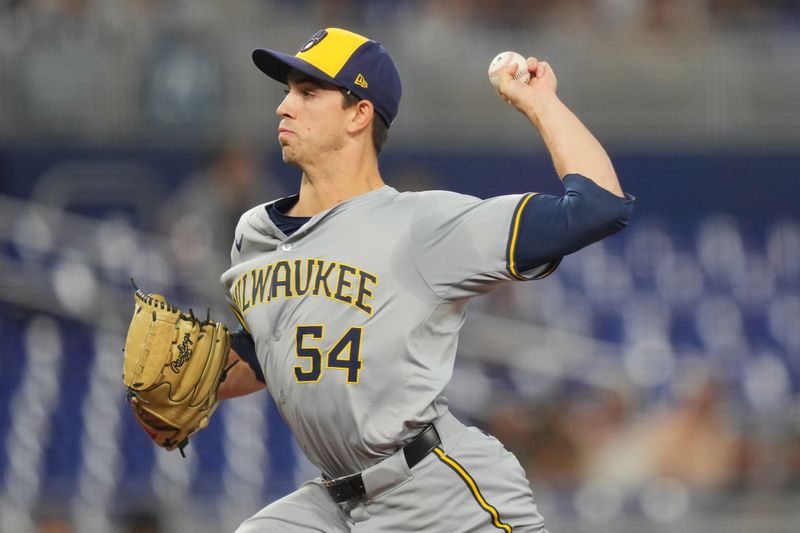 May 21, 2024; Miami, Florida, USA;  Milwaukee Brewers starting pitcher Robert Gasser (54) pitches against against the Miami Marlins at loanDepot Park. Mandatory Credit: Jim Rassol-USA TODAY Sports