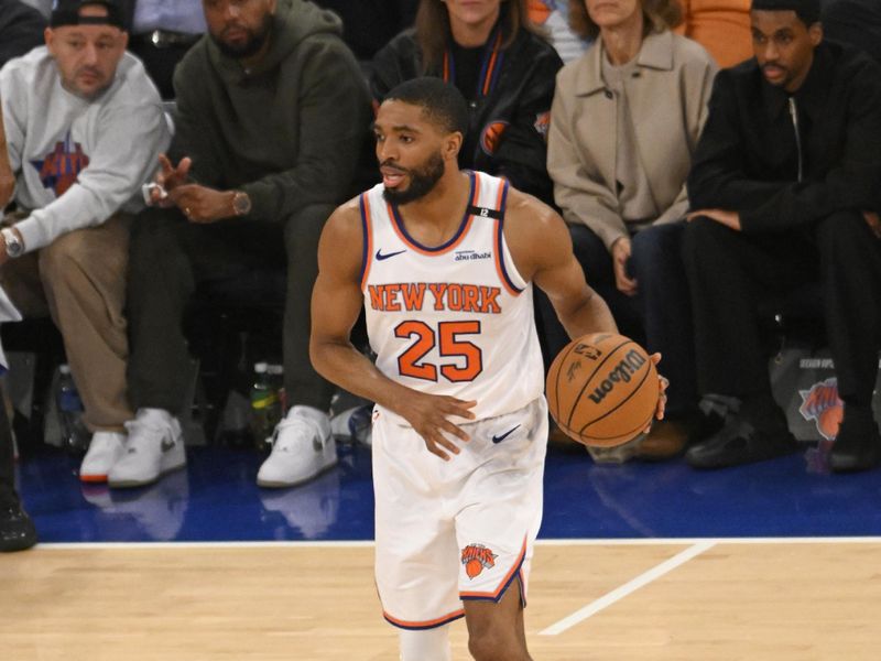 NEW YORK, NY - MAY 23: Mikal Bridges #25 of the New York Knicks drives to the basket during the game against the Indiana Pacers during Game Two of the 2025 Eastern Conference Finals on May 23, 2025 at Madison Square Garden in New York City, New York.  NOTE TO USER: User expressly acknowledges and agrees that, by downloading and or using this photograph, User is consenting to the terms and conditions of the Getty Images License Agreement. Mandatory Copyright Notice: Copyright 2025 NBAE  (Photo by David Dow/NBAE via Getty Images)