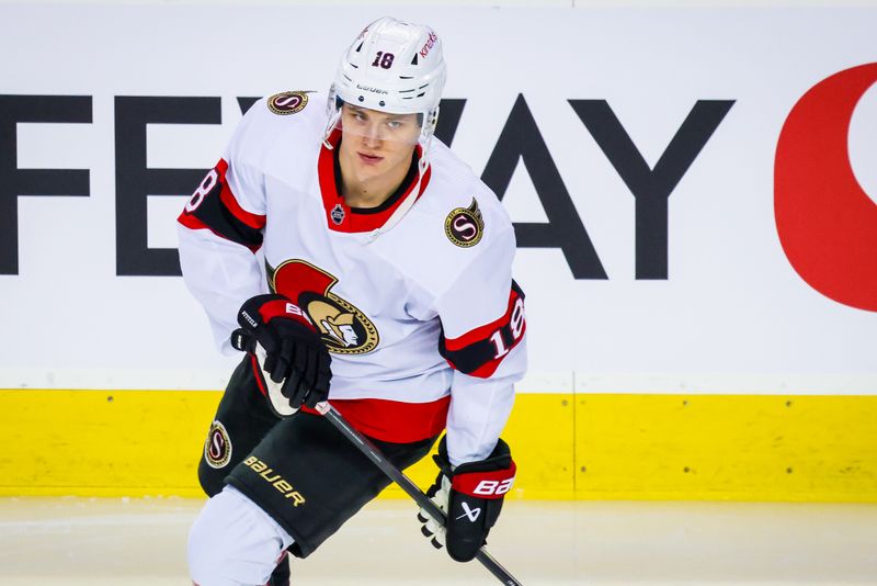 Jan 9, 2024; Calgary, Alberta, CAN; Ottawa Senators center Tim Stutzle (18) skates during the warmup period against the Calgary Flames at Scotiabank Saddledome. Mandatory Credit: Sergei Belski-USA TODAY Sports