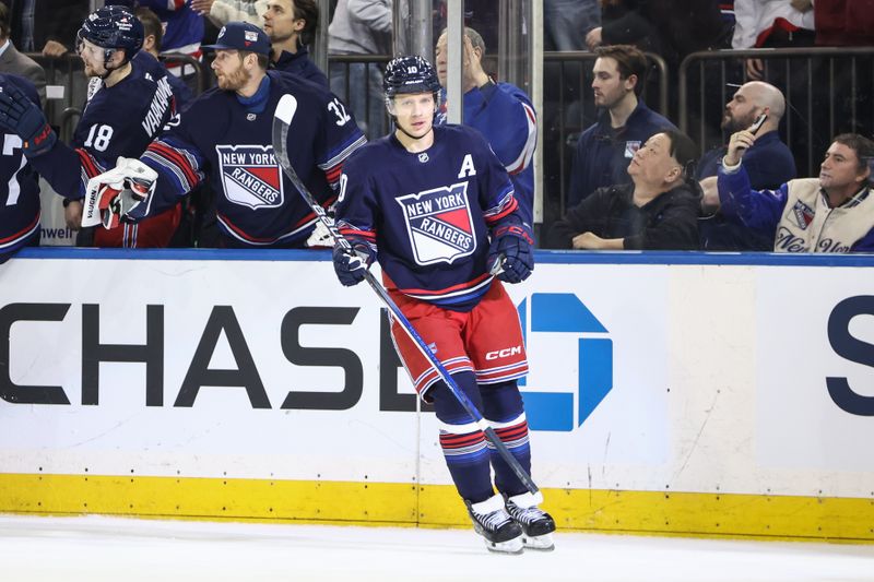 Mar 5, 2025; New York, New York, USA;  New York Rangers left wing Artemi Panarin (10) circles back to center ice after scoring a goal in the first period against the Washington Capitals at Madison Square Garden. Mandatory Credit: Wendell Cruz-Imagn Images