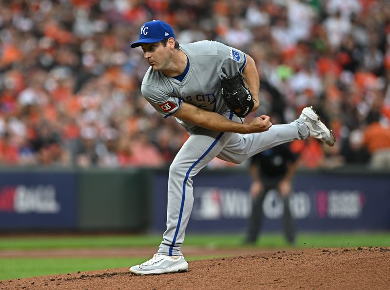 Oct 2, 2024; Baltimore, Maryland, USA; Kansas City Royals pitcher Seth Lugo (67) throws a pitch against the Baltimore Orioles in the first inning in game two of the Wild Card round for the 2024 MLB Playoffs at Oriole Park at Camden Yards. Mandatory Credit: Tommy Gilligan-Imagn Images