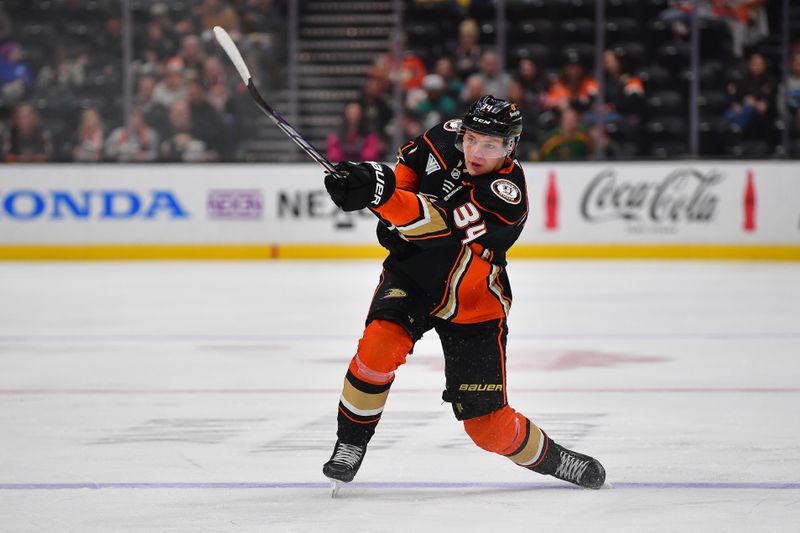 Feb 21, 2024; Anaheim, California, USA; Anaheim Ducks defenseman Pavel Mintyukov (34) shoots against the Columbus Blue Jackets during the first period at Honda Center. Mandatory Credit: Gary A. Vasquez-USA TODAY Sports