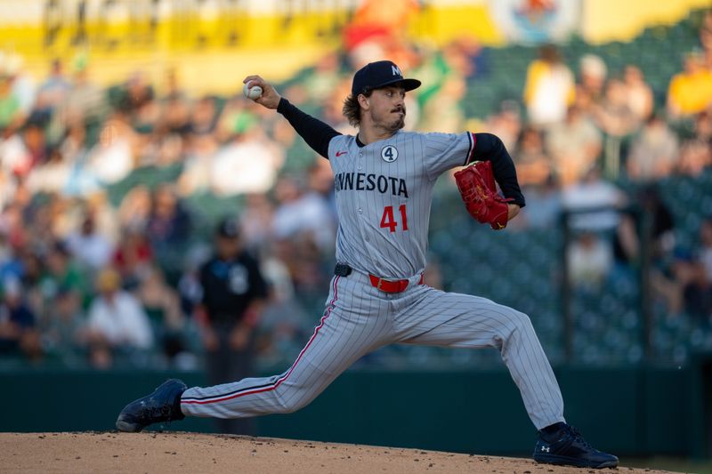 Jun 2, 2025; West Sacramento, California, USA; Minnesota Twins starting pitcher Joe Ryan (41) delivers a pitch against the Athletics during the first inning at Sutter Health Park. Mandatory Credit: Neville E. Guard-Imagn Images
