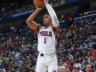 NEW ORLEANS, LA - NOVEMBER 29: Kenyon Martin Jr. #1 of the Philadelphia 76ers shoots a three point basket during the game against the New Orleans Pelicans on November 29, 2023 at the Smoothie King Center in New Orleans, Louisiana. NOTE TO USER: User expressly acknowledges and agrees that, by downloading and or using this Photograph, user is consenting to the terms and conditions of the Getty Images License Agreement. Mandatory Copyright Notice: Copyright 2023 NBAE (Photo by Layne Murdoch Jr./NBAE via Getty Images)