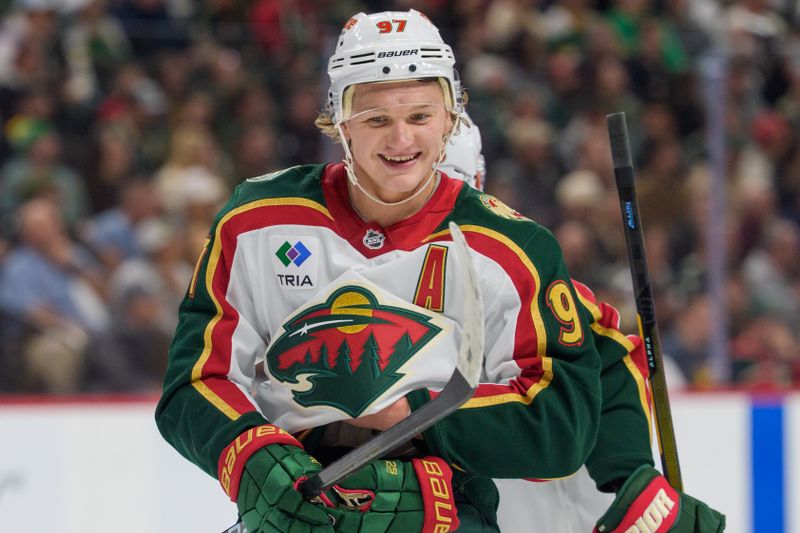 Nov 4, 2025; Saint Paul, Minnesota, USA; Minnesota Wild left wing Kirill Kaprizov (97) smiles after scoring against the Nashville Predators in the first period at Grand Casino Arena. Mandatory Credit: Matt Blewett-Imagn Images