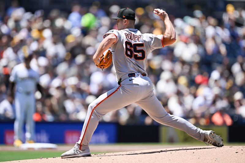 Apr 30, 2025; San Diego, California, USA; San Francisco Giants starting pitcher Landen Roupp (65) delivers during the first inning against the San Diego Padres at Petco Park. Mandatory Credit: Denis Poroy-Imagn Images