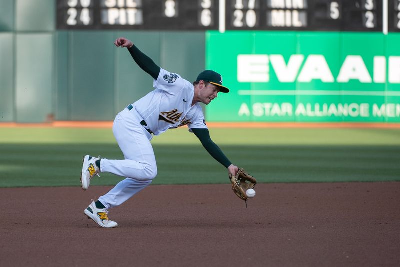 Aug 22, 2023; Oakland, California, USA; Oakland Athletics shortstop Nick Allen (2) fields a ground ball during the first inning against the Kansas City Royals at Oakland-Alameda County Coliseum. Mandatory Credit: Ed Szczepanski-USA TODAY Sports