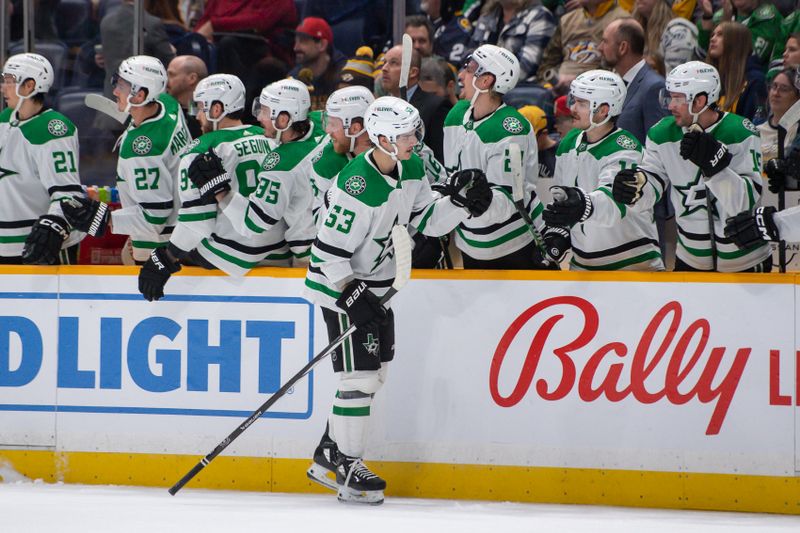 Feb 15, 2024; Nashville, Tennessee, USA; Dallas Stars center Wyatt Johnston (53) celebrates his goal with his teammates against the Nashville Predators during the first period at Bridgestone Arena. Mandatory Credit: Steve Roberts-USA TODAY Sports