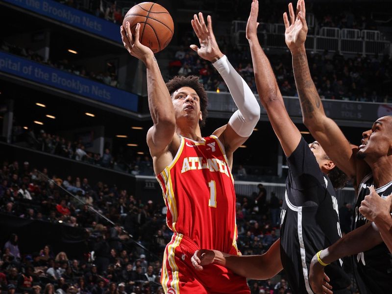 BROOKLYN, NY - MARCH 2: Jalen Johnson #1 of the Atlanta Hawks drives to the basket during the game against the Brooklyn Nets on March 2, 2024 at Barclays Center in Brooklyn, New York. NOTE TO USER: User expressly acknowledges and agrees that, by downloading and or using this Photograph, user is consenting to the terms and conditions of the Getty Images License Agreement. Mandatory Copyright Notice: Copyright 2024 NBAE (Photo by Nathaniel S. Butler/NBAE via Getty Images)