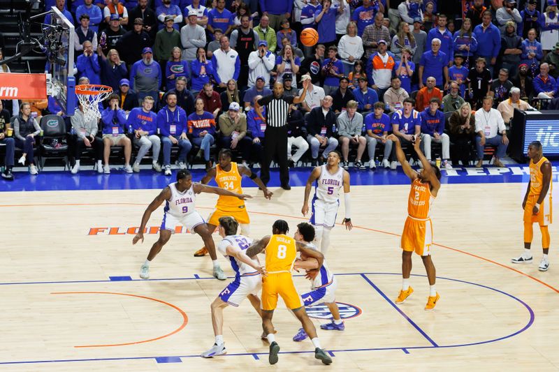 Jan 7, 2025; Gainesville, Florida, USA; Tennessee Volunteers guard Chaz Lanier (2) attempts a free throw shot against the Florida Gators during the second half at Exactech Arena at the Stephen C. O'Connell Center. Mandatory Credit: Matt Pendleton-Imagn Images